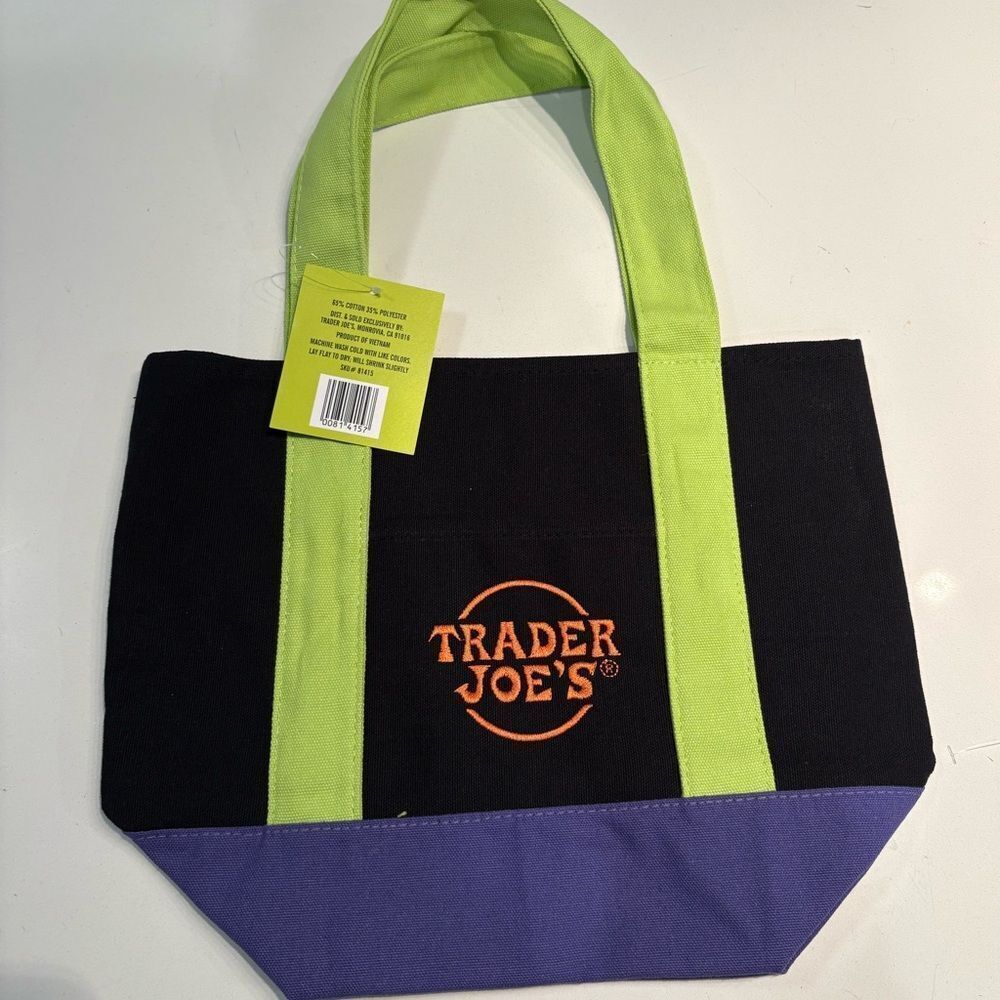 Trader Joe's Black and Purple Mini Canvas Tote Bag with Green Handles